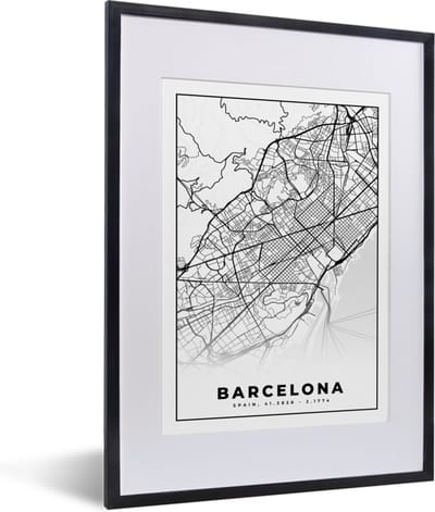 Fotolijst incl. Poster Zwart Wit- Barcelona - Stadskaart - Plattegrond - Zwart Wit - Kaart - 30x40 cm - Posterlijst