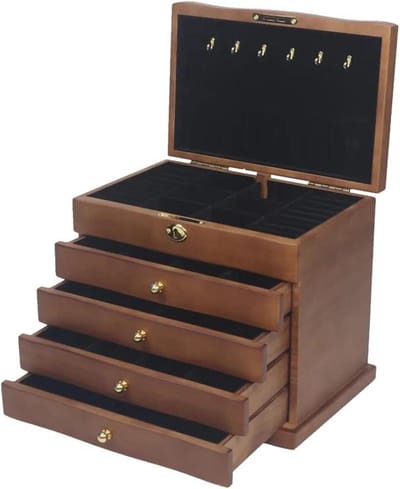 Sieraden Opbergdoos - Juwelendoos Organizer - Sieraden Opbergen - Vijf Lagen Capaciteit - 15x13x10 cm - Houtkleur