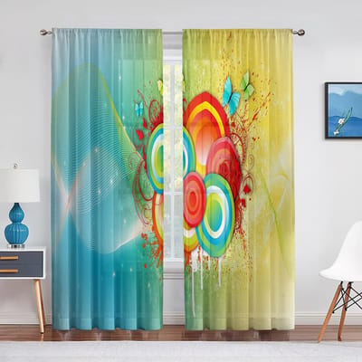 Cirkelgeometrie Gedrukte Voile Gordijn Streep Lijnkunst Chiffon Raam Tule Gordijnen Woonkamer Slaapkamer Keuken Drapage Huisdecoratie 1 PCS W100XH250cm&Grommet Top