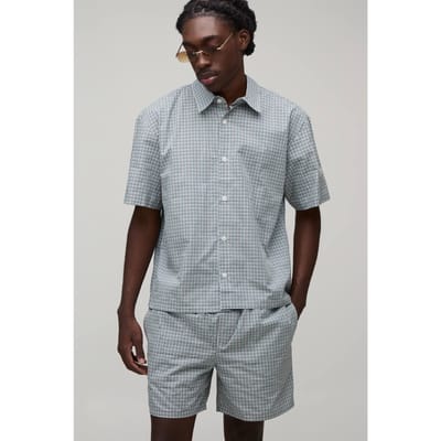 Micro Check Boxy Oversized Embroidered Shirt & Short Set | Blue | Size XS