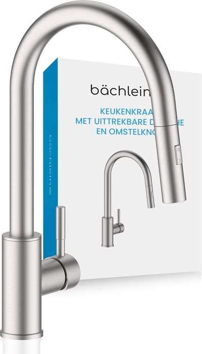 Bächlein Keukenkraan Kocuso 360 graden draaibaar (geborsteld roestvrij staal) - Eenhandige keukenkraan van roestvrij staal met uittrekbare slang en sproeier met omschakelknop, kraan voor de keuken
