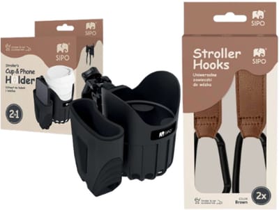 SIPO Kinderwagenaccessoires Set - 2-in-1 Bekerhouder met Telefoonhouder & Kinderwagen Haken Set van 2 - Praktisch - Stevig - Stijlvol Design - Zwart & Bruin