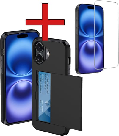 Hoesje Geschikt voor iPhone 16 Hoesje Met Pasjeshouder Hard Case Met Kaarthouder Met Screenprotector - Hoes Geschikt voor iPhone 16 Hoesje Pashouder Case - Zwart