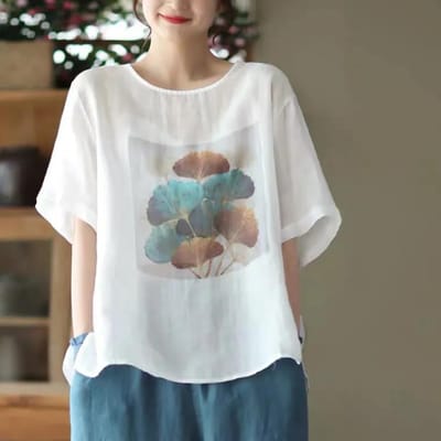 Nieuwe Zomer Retro Katoen en Linnen Bedrukte Top voor Dames Losse Pullovers van Literair Retro Casual T-shirt met Korte Mouwen 4XL gray