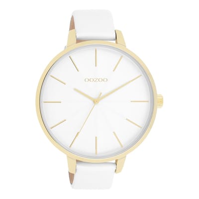 Goudkleurige OOZOO horloge met witte leren band - C11346