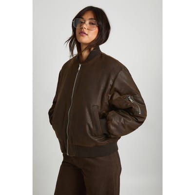 boohoo Dames Vintage-look nepleer oversized bomberjack | Brown | Maat: 14