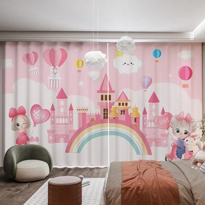 2 Panelen Roze Prinsessenkamer Gordijnpanelen Cartoon Eenhoorn Kasteel Regenboog Print Gordijnen voor Meisjes Kinder Slaapkamer Gordijnen cortina 2x120W200H(CM)&Grommet Top