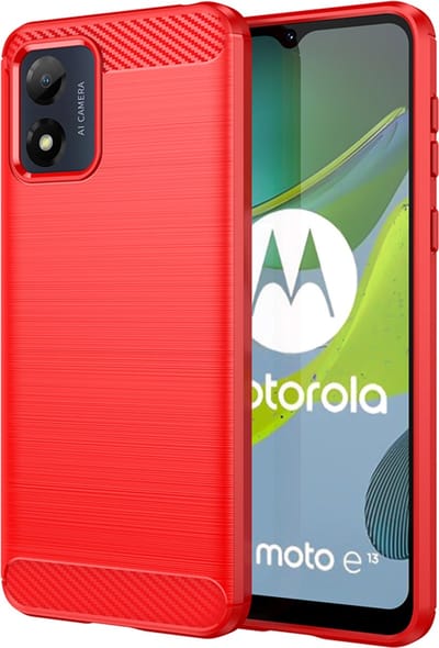 MobyDefend Hoesje - Geschikt voor Motorola Moto E13 - TPU Backcover - Geborstelde Metaal & Carbon-Look - Rood