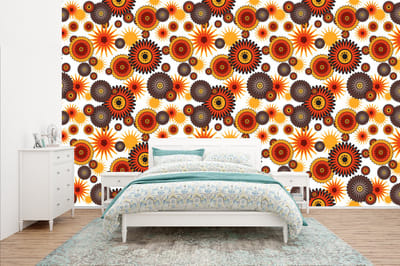 Behang - Fotobehang Design - Retro - Oranje - Bloemen - Breedte 400 cm x hoogte 240 cm