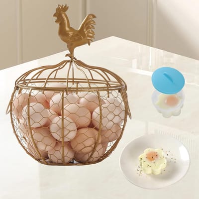 Metalen Eiermand - Kippenmand Keuken - Verse Eieren Verzamelen - Inclusief Deksel - 19x19x14 cm - Goud
