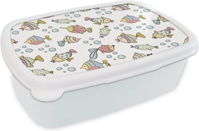 Broodtrommel Wit - Lunchbox - Brooddoos - Aquarium - Patronen - Vissen - Kinderen - Pastel - 18x12x6 cm - Volwassenen