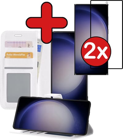 Hoesje - Met 2x Screenprotector - Geschikt voor Samsung Galaxy S23 Ultra - Luxe Pasjeshouder - Flip Case - Bookcase Portemonee - Kunstleer Book Case - Flipcase Hoes - Book Cover - Walletcase - Portemonneehoes - Telefoonhoes - Wit