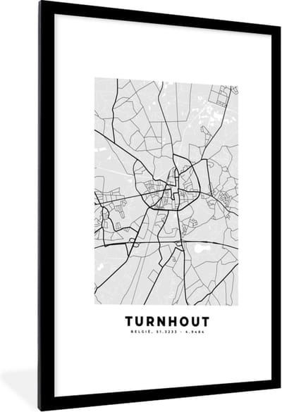 Fotolijst incl. Poster Zwart Wit- Zwart Wit – België – Plattegrond – Stadskaart – Kaart – Turnhout - 60x90 cm - Posterlijst