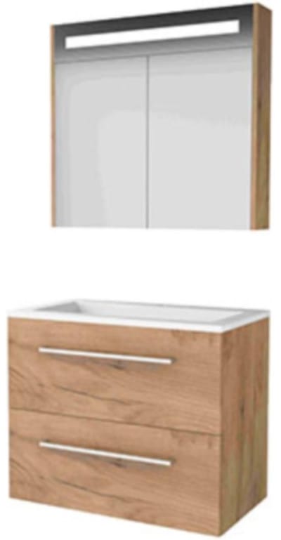Basic-Line Premium 46 Badkamermeubelset - 80 x 46 cm - Met Grepen - 2 Lades - Acryl Wastafel - 1 Kraangat - Spiegelkast met LED Verlichting - Whisky Oak