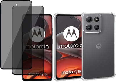 Geschikt voor Motorola Moto G15 / G05 / E15 - Hoesje + 2x Screenprotector – Gehard Glas Cover + Shock Proof Case - Transparant