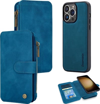 Casemania Hoesje Geschikt voor Apple iPhone 16 Pro - Navy Blue - 2 in 1 Magnetic Book Case met Rits
