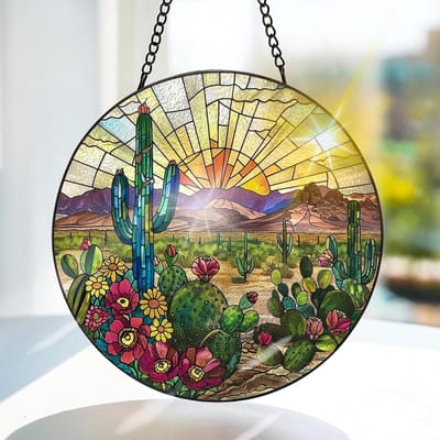 Kleurige Glazen Hangende Cactus - Planten Decoratie voor Raam, Tuin en Deur - Handgemaakte Suncatcher 20x20cm, Ideaal voor Feestdagen en Interieurdecoratie