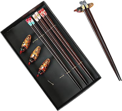 Eetstokjes, 22,9 cm, inclusief 4 paar herbruikbare eetstokjes + 4 houders | Perfect voor Chinees eten en sushi | Geschenkdoos - Japanse stijl versierd