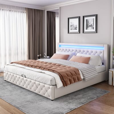 REDOM Opbergbed 180x200 cm – PU – Hydraulisch – LED-hoofdbord – Wit – 220 kg
