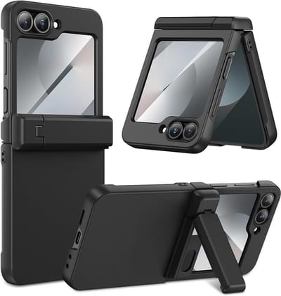 voor Samsung Galaxy Z Flip 7 FE/Z Flip 6 hoes, scharnierschild en verbergbare klappstandaard en geïntegreerde schermbescherming, compatibel met draadloos opladen, stootvast hoesje, zwart