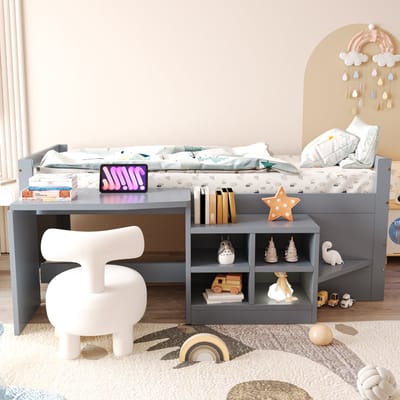 Wishdor – Kinderbed 90x200 cm – Bureau, Opbergkasten & USB – Multifunctioneel Hout Grijs