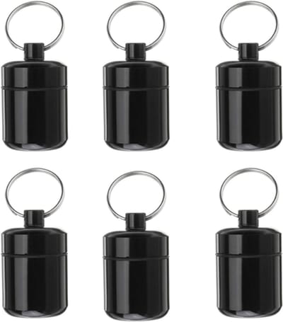 6 stuks - Pillendoosje - met Sleutelbos - Medicijndoosje - pillenkoker - Medicatie opbergdoos - Pillendoosje voor Aan Sleutelhanger - Waterdicht - Aluminium - voor medicatie/pillenkoker - 3.4*2.7 cm - zwart