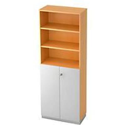 Combi-boekenkast, 6 OH, 3 open vakken + 2 afsluitbare deuren, B 800 x D 420 x 2210 mm, beukendecor/zilver