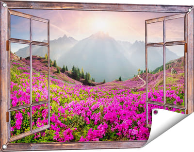Gards Tuinposter Doorkijk Rhododendron Bloemenveld in de Alpen - 90x60 cm - Tuindoek - Tuindecoratie - Wanddecoratie buiten - Tuinschilderij