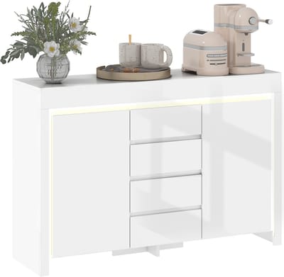 HOMCOM Buffetkast woonkamer, opbergmeubel met LED-verlichting, 4 laden, deuren met soft-close sluiting en verstelbare planken, modieus design