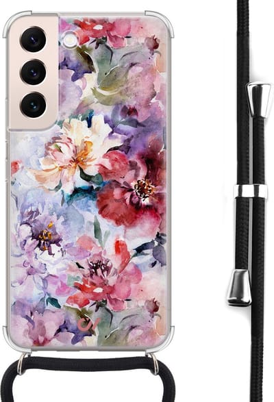 Telefoonhoesje met koord geschikt voor Samsung S22 - Bloemen Acryl - Inclusief koord - Transparant, Roze - - Crossbody beschermhoes - Met Telefoonketting