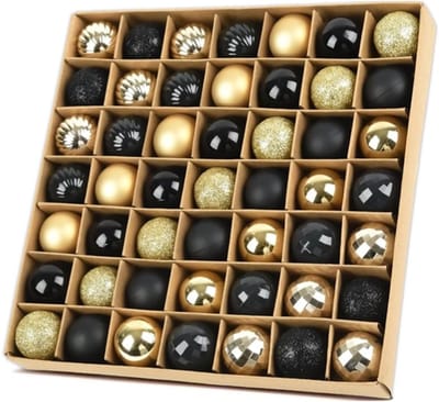 Gouden en Zwarte Kerstballen Set van 49 Stuks, Schokbestendige Plastic Versieringen met Hangsystemen voor Kerstboom en Feestdecoratie, Inclusief Glanzende Decoratieve Ballen van 3 cm