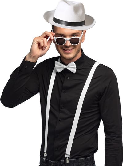 Atosa Carnaval verkleedset Gangster - hoed/bretels/bril/strikje - wit - heren/dames - Maffia verkleedkleding accessoires