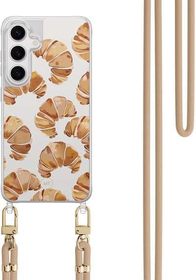 Hoesje met koord geschikt voor Samsung Galaxy S24 - Croissant - Inclusief Beige koord - Crossbody beschermhoes - Transparant, Bruin - Mooie Telefoonhoesjes