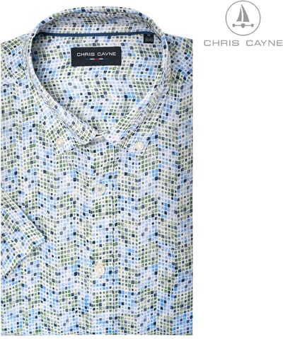 Chris Cayne heren overhemd - blouse heren - 1222 - wit/groen/blauw print - korte mouwen - maat M