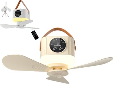 KZQ Draagbare tentventilator plafondventilator 4 snelheden stil dimbaar LED licht afstandsbediening met timer voor camping tent RV geel