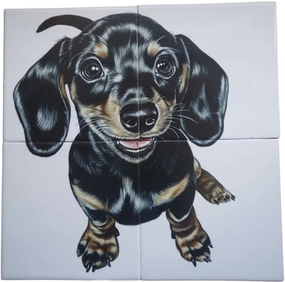 MadDeco Nederlands fabrikaat Teckel pup op plateau van 4 tegels Friese Witjes 13 x 13 cm per tegel