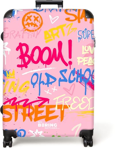 NoBoringSuitcases.com® - Koffer groot - Reiskoffer lichtgewicht - Roze achtergrond met kleurrijke graffiti - Rolkoffer met 4 wielen - Grote trolley XL - 98 liter bagage