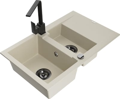 Mexen Gaspar granieten gootsteen 1,5-komorige met druiprek en keukenkraan Rita, beige - 6507-69-670300-70