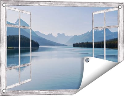 Gards Tuinposter Doorkijk Meer bij de Bergen in Alberta, Canada - 60x40 cm - Tuindoek - Tuindecoratie - Wanddecoratie buiten - Tuinschilderij
