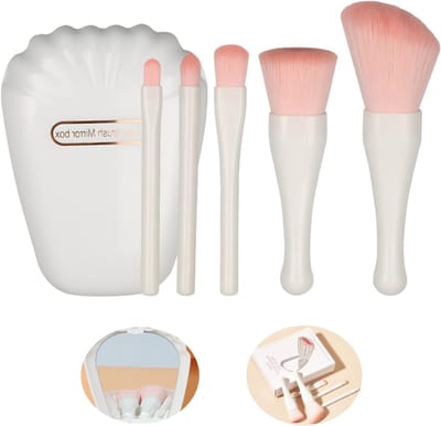 Praktische Make-up Kwasten Set van 5 Stukken, Essentiële Schoonheid Tools, Lichtgewicht en Handig voor Dagelijks Gebruik en Reizen, Inclusief 5-in-1 Spiegel