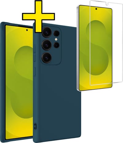 Hoesje - Met Screenprotector - Geschikt voor Samsung Galaxy S25 Ultra - Sterk & Shockproof - Back Cover - Siliconen Case - Telefoon Hoes - Telefoonhoesjes - Donkerblauw