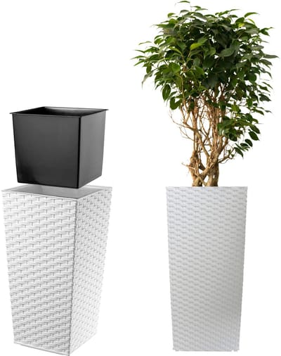 KADAX Bloempot, bloembak van kunststof, plantenbak voor bloemen, binnen en buiten, tuin, balkon, terras, huis, weerbestendig, imitatie rotan (75 cm hoog, wit rotan)