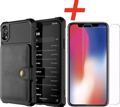 Backcover geschikt voor Apple iPhone XR - Zwart - 3 in 1 pasjeshouder - met Glazen Screenprotector