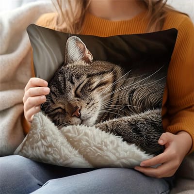 VIKAMA Slaap Tabby Kat Kussensloop, Wasbare Kussenhoes met Luie Kitten Print, Gezellige Huisdecoratie voor Banken en Slaapkamers 30x30cm brown