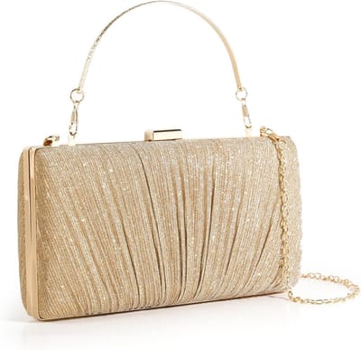 Elegante Avondclutch met Pailletten en Geplooid Satijn, Afneembare Gouden Ketting, Perfect voor Bruiloften, Cocktailfeesten en Dinerpartijen in Zwart