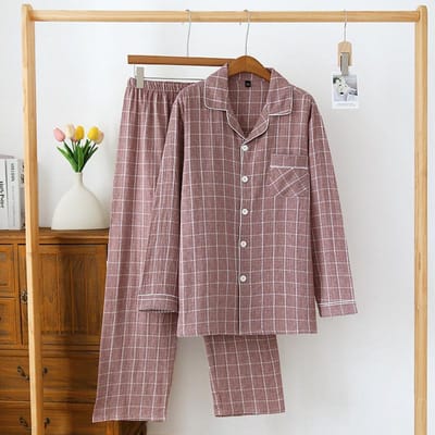 Nieuwe Heren Lente en Zomer Pyjama Set 100% Katoen Ruit Lange mouwen Broek Tweedelige Set Grote Maat Losse Thuis XL gray