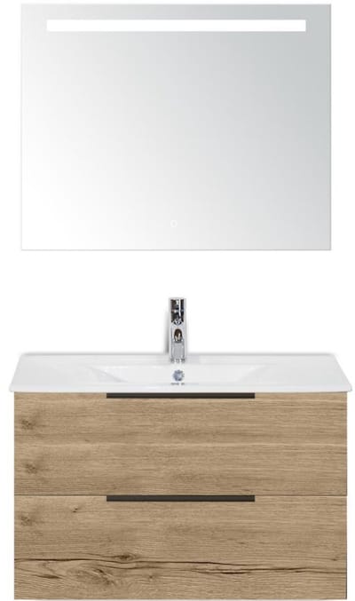 Seville Badmeubelset 80 cm - Natuur Eiken Edge Greep - Wastafel Enjoy met Sence Spiegel