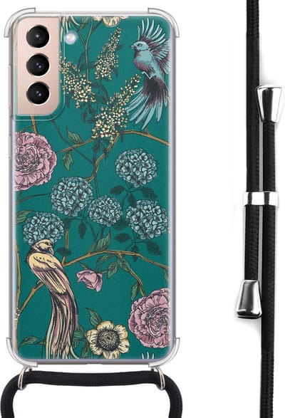 Hoesje met koord geschikt voor Samsung Galaxy S21 - Vogels Japanse bloemen - Inclusief koord - Crossbody beschermhoes - Transparant, Groen - Mooie Telefoonhoesjes
