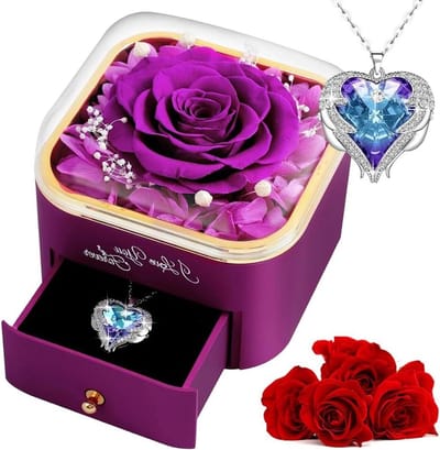 Eeuwige Roos - Gecconserveerde Bloem - Cadeau Geven - Met Halsketting - Luxe Doos - Paars