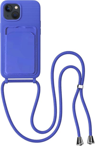 Hoes Geschikt voor iPhone 14 Hoesje Pas Houder Case Hoes Met Koord - Hoesje Geschikt voor iPhone 14 Hoes Met Telefoonkoord Pasjeshouder Cover - Felblauw - 2 Stuks